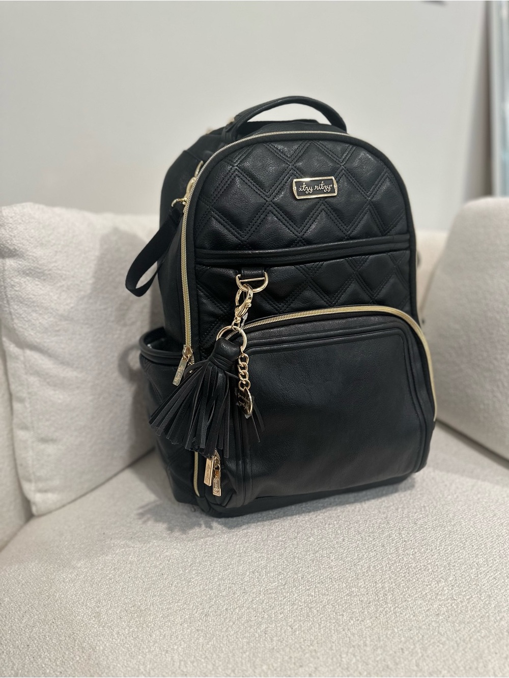 Itzy Ritzy Boss Black Quilted Diaper Bag Backpack Gold Hardware
